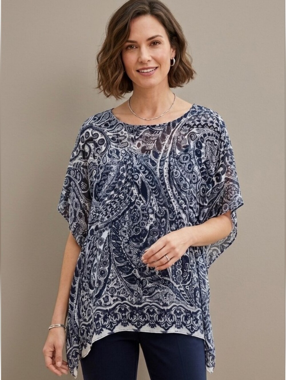 Talbots Navy & White Paisley Flowy Poncho Blouse Sz XL